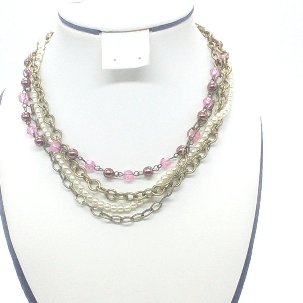 Faux Pearl Beaded Chain Layered Multi-Strand Choker Necklace